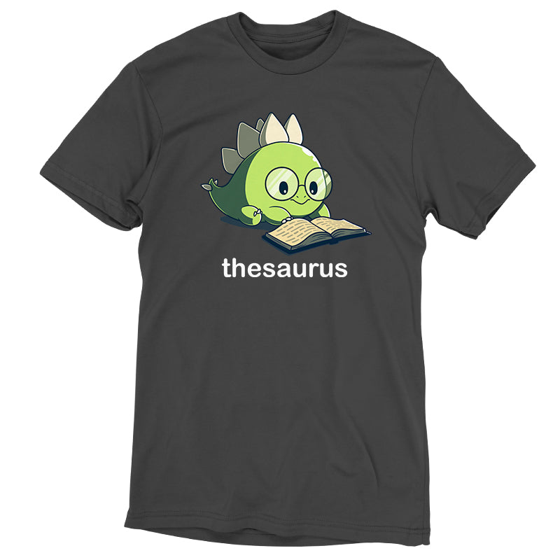 Premium Cotton T-shirt_Teeturtle Thesaurus charcoal gray t-shirt featuring a cute green dinosaur with glasses reading an open book. Below it, the word "thesaurus" is written.