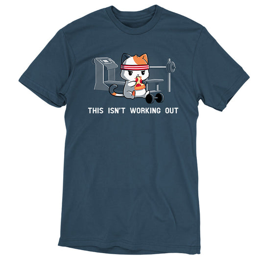 Premium Cotton T-shirt_Teeturtle This Isn't Working Out denim t-shirt featuring a cat wearing a headband, eating pizza in a gym with exercise equipment in the background. The text 