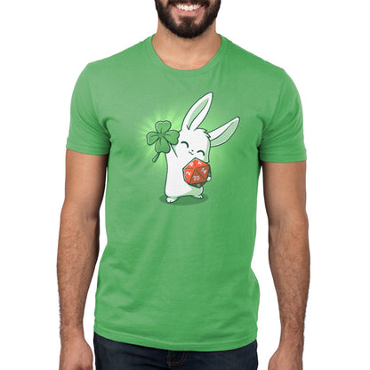 Premium Cotton T-shirt_Teeturtle This is My Lucky Shirt apple green  t-shirt featuring a white rabbit smiling with its' eyes closed holding up a four leaf clover in one paw while gripping a D20 dice in the other.