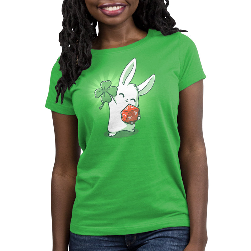 Premium Cotton T-shirt_Teeturtle This is My Lucky Shirt apple green  t-shirt featuring a white rabbit smiling with its' eyes closed holding up a four leaf clover in one paw while gripping a D20 dice in the other.