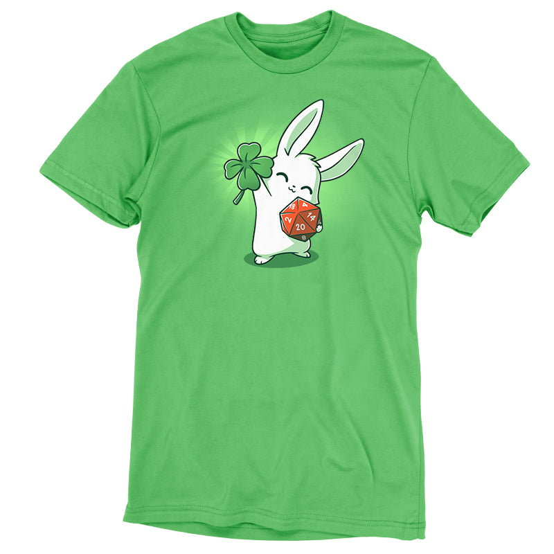 Premium Cotton T-shirt_Teeturtle This is My Lucky Shirt apple green  t-shirt featuring a white rabbit smiling with its' eyes closed holding up a four leaf clover in one paw while gripping a D20 dice in the other.