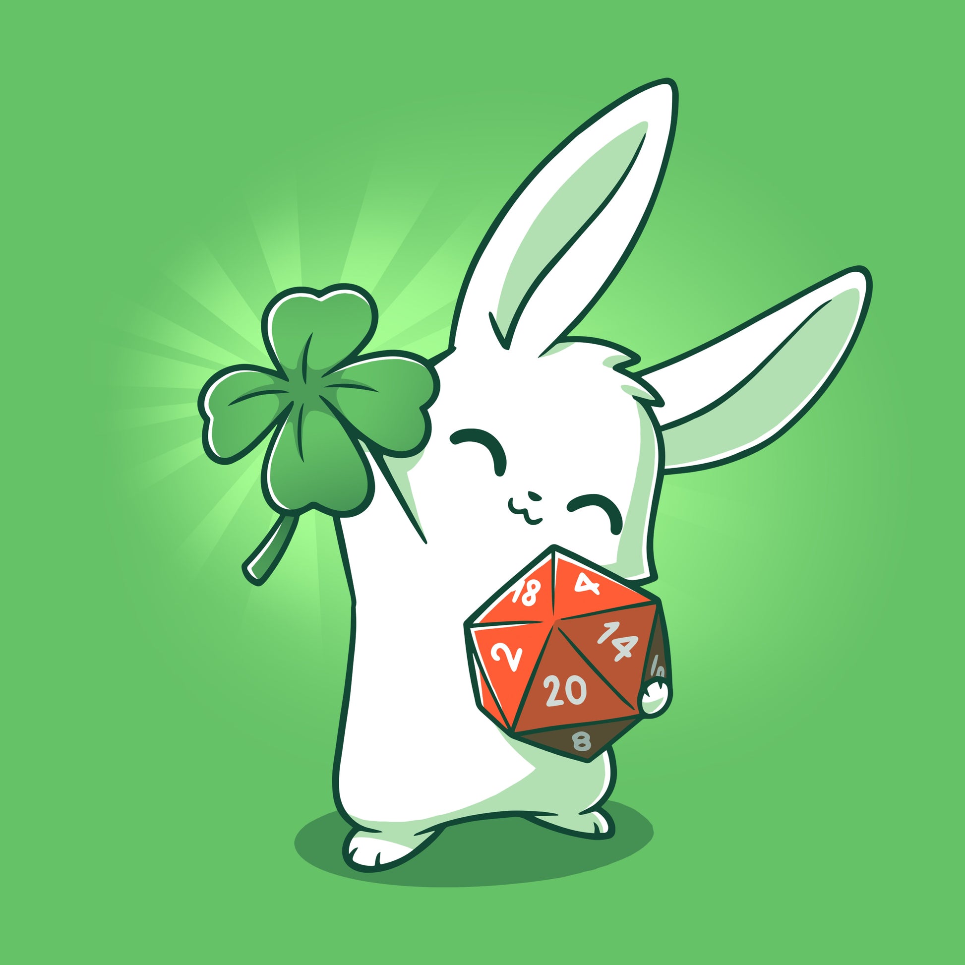 Premium Cotton T-shirt_Teeturtle This is My Lucky Shirt apple green  t-shirt featuring a white rabbit smiling with its' eyes closed holding up a four leaf clover in one paw while gripping a D20 dice in the other.