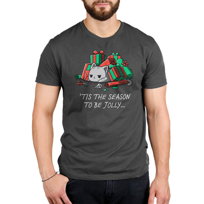 Premium Cotton T-shirt_TeeTurtle Tis The Season To Be Jolly charcoal grey t-shirt featuring a cat among unwrapped gifts, wrapping paper, ribbon, and scissors.
