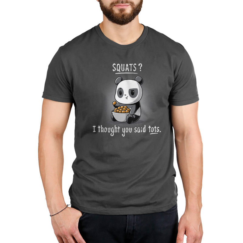 Premium Cotton T-shirt_TeeTurtle Tots Greater Than Squats charcoal grey t-shirt featuring a panda holding a bowl of tater tots.
