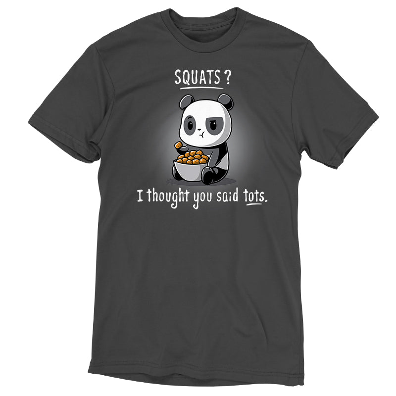 Premium Cotton T-shirt_TeeTurtle Tots Greater Than Squats charcoal grey t-shirt featuring a panda holding a bowl of tater tots.
