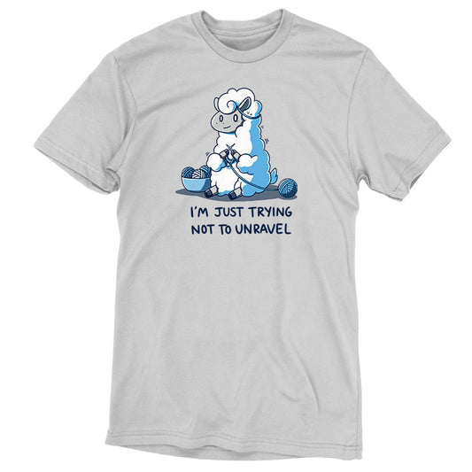 Premium Cotton T-shirt_Teeturtle Trying Not to Unravel Silver Gray Featuring a nervous-looking sheep knitting yarn set above the text 'I'm Just Trying Not To Unravel'