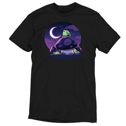 Premium Cotton T-shirt_TeeTurtle Twilight Toadstools black t-shirt featuring an illustration of a green frog sitting on top of a mushroom gazing up at the stars and a crescent moon in a violet-purple sky. There are two more green frogs underneath the mushroom cap, and two additional mushrooms on the side.