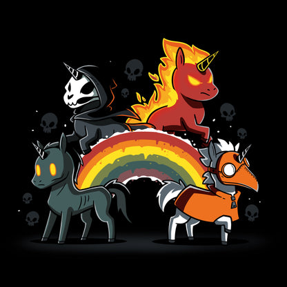 Premium Cotton T-shirt_Four Unicorns of the Apocalypse stand on and around a rainbow. One has a cloak and scythe, another is fiery, the third has glowing eyes, and the fourth wears a plague doctor mask. Skulls are in the background. This haunting scene is beautifully captured on a black ringspun cotton Four Unicorns of the Apocalypse monsterdigital apparel.