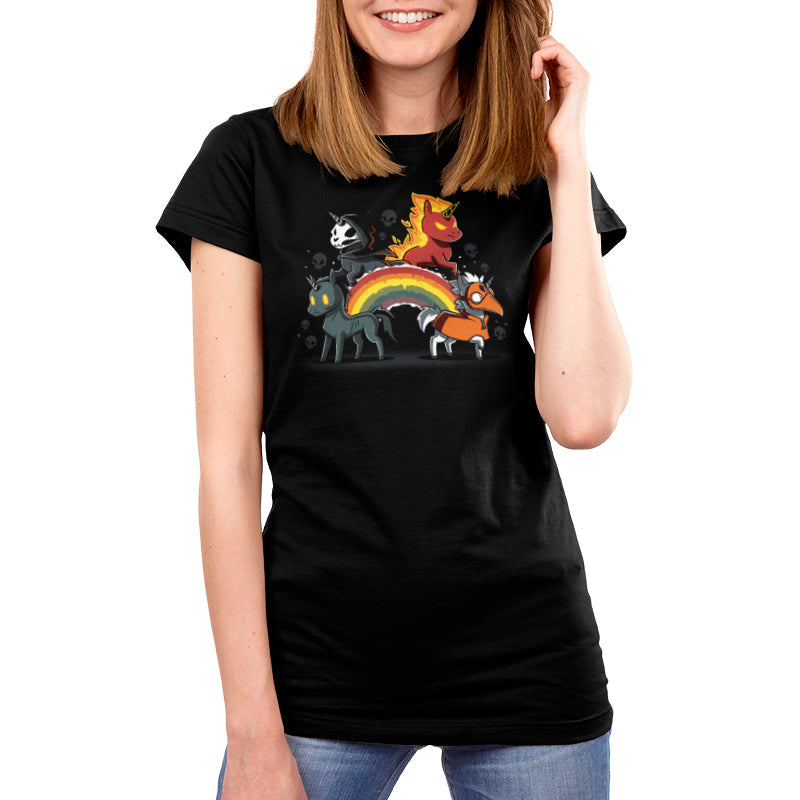 Premium Cotton T-shirt_Four Unicorns of the Apocalypse stand on and around a rainbow. One has a cloak and scythe, another is fiery, the third has glowing eyes, and the fourth wears a plague doctor mask. Skulls are in the background. This haunting scene is beautifully captured on a black ringspun cotton Four Unicorns of the Apocalypse monsterdigital apparel.