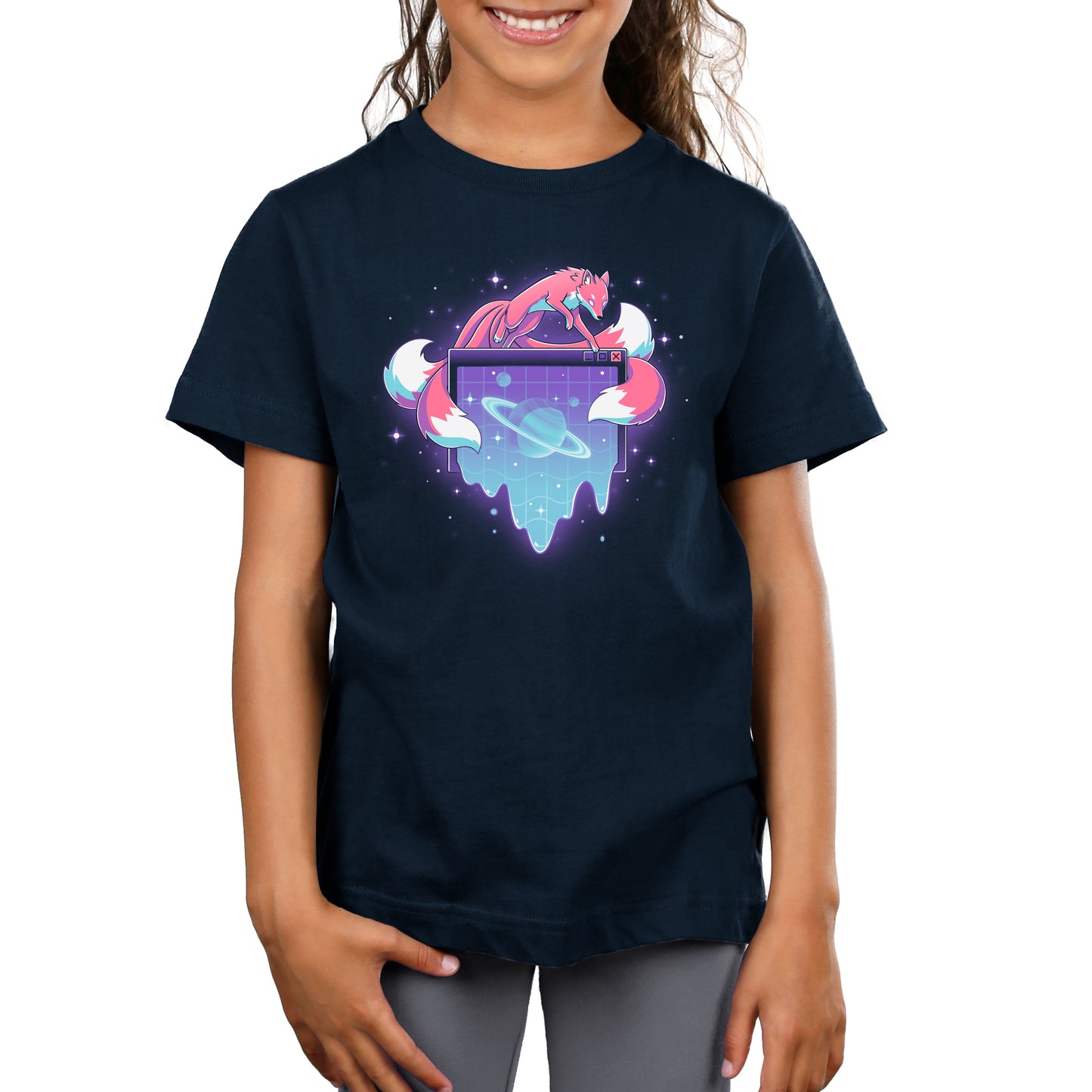 Premium Cotton T-shirt_TeeTurtle navy blue Vaporwave Kitsune apparel featuring a kitsune leaping over a computer window pop-up with a ringed planet in it in a vaporwave aesthetic.