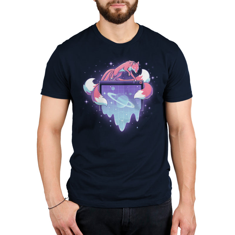 Premium Cotton T-shirt_TeeTurtle navy blue Vaporwave Kitsune apparel featuring a kitsune leaping over a computer window pop-up with a ringed planet in it in a vaporwave aesthetic.