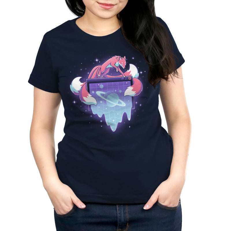 Premium Cotton T-shirt_TeeTurtle navy blue Vaporwave Kitsune apparel featuring a kitsune leaping over a computer window pop-up with a ringed planet in it in a vaporwave aesthetic.