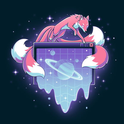 Premium Cotton T-shirt_TeeTurtle navy blue Vaporwave Kitsune apparel featuring a kitsune leaping over a computer window pop-up with a ringed planet in it in a vaporwave aesthetic.