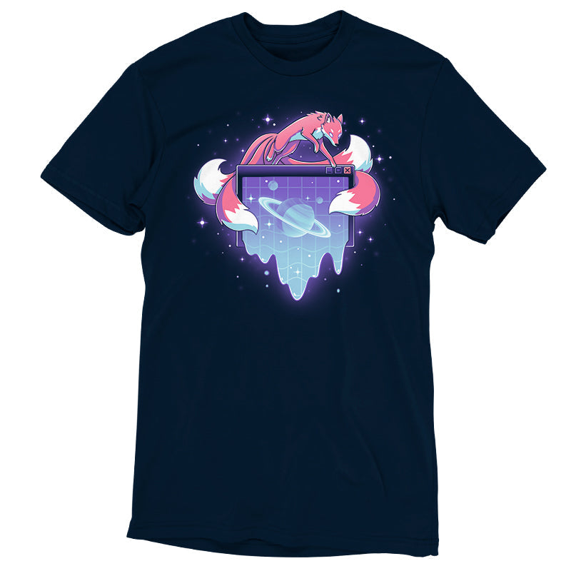 Premium Cotton T-shirt_TeeTurtle navy blue Vaporwave Kitsune apparel featuring a kitsune leaping over a computer window pop-up with a ringed planet in it in a vaporwave aesthetic.