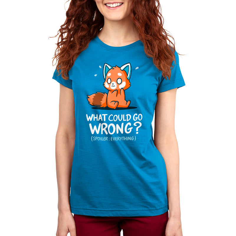 Premium Cotton T-shirt_Teeturtle What Could Go Wrong? (Everything) cobalt blue t-shirt featuring a very anxious little red panda over the words 'What could go wrong? (Spoiler: Everything)."