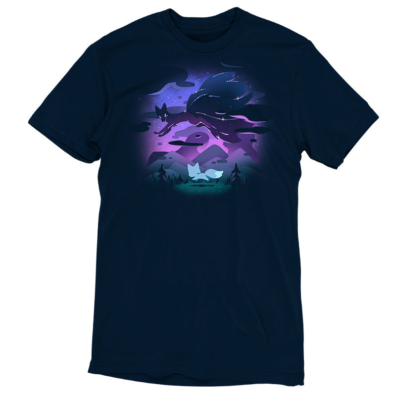 Premium Cotton T-shirt_TeeTurtle Written in the Stars navy blue t-shirt featuring a fox and its spirit counterpart above.