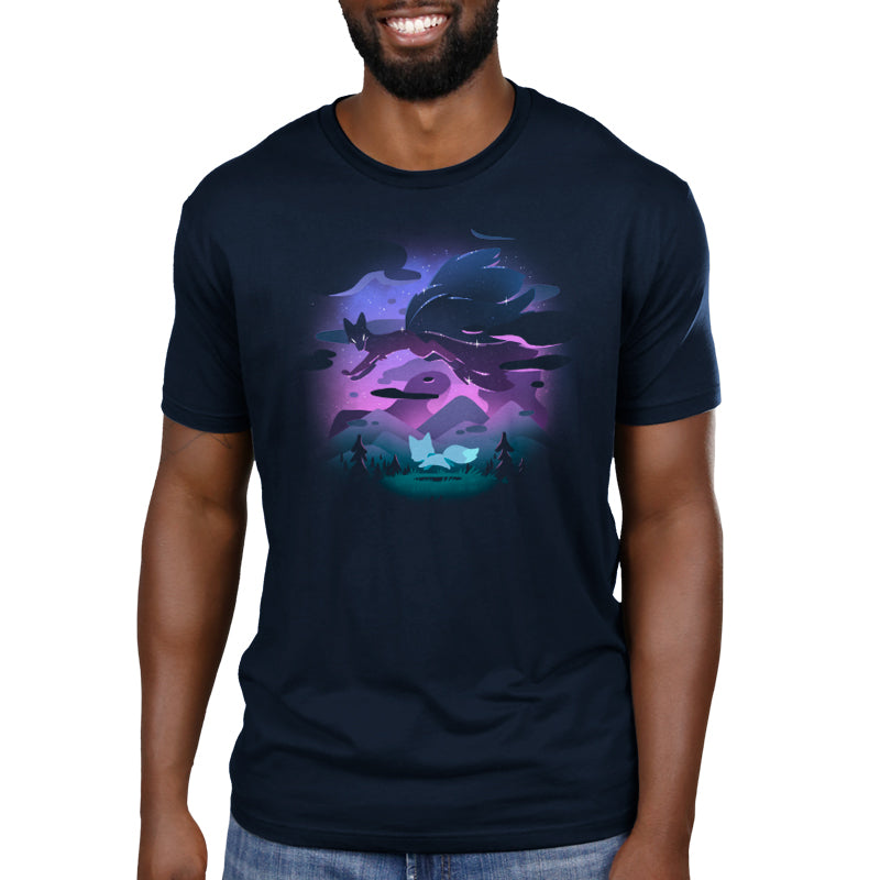 Premium Cotton T-shirt_TeeTurtle Written in the Stars navy blue t-shirt featuring a fox and its spirit counterpart above.