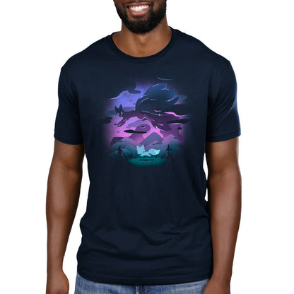 Premium Cotton T-shirt_TeeTurtle Written in the Stars navy blue t-shirt featuring a fox and its spirit counterpart above.