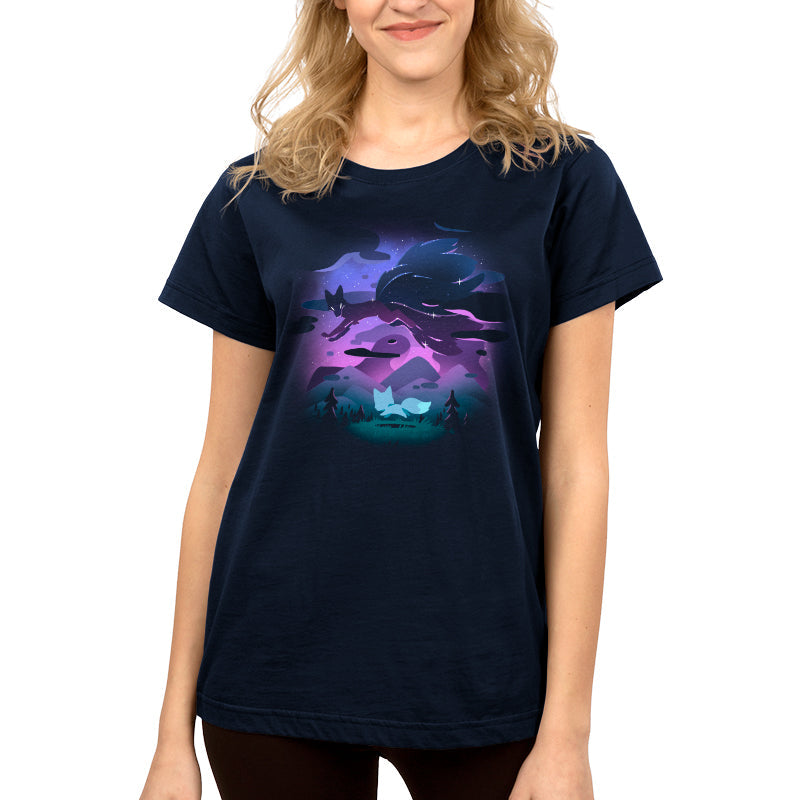 Premium Cotton T-shirt_TeeTurtle Written in the Stars navy blue t-shirt featuring a fox and its spirit counterpart above.