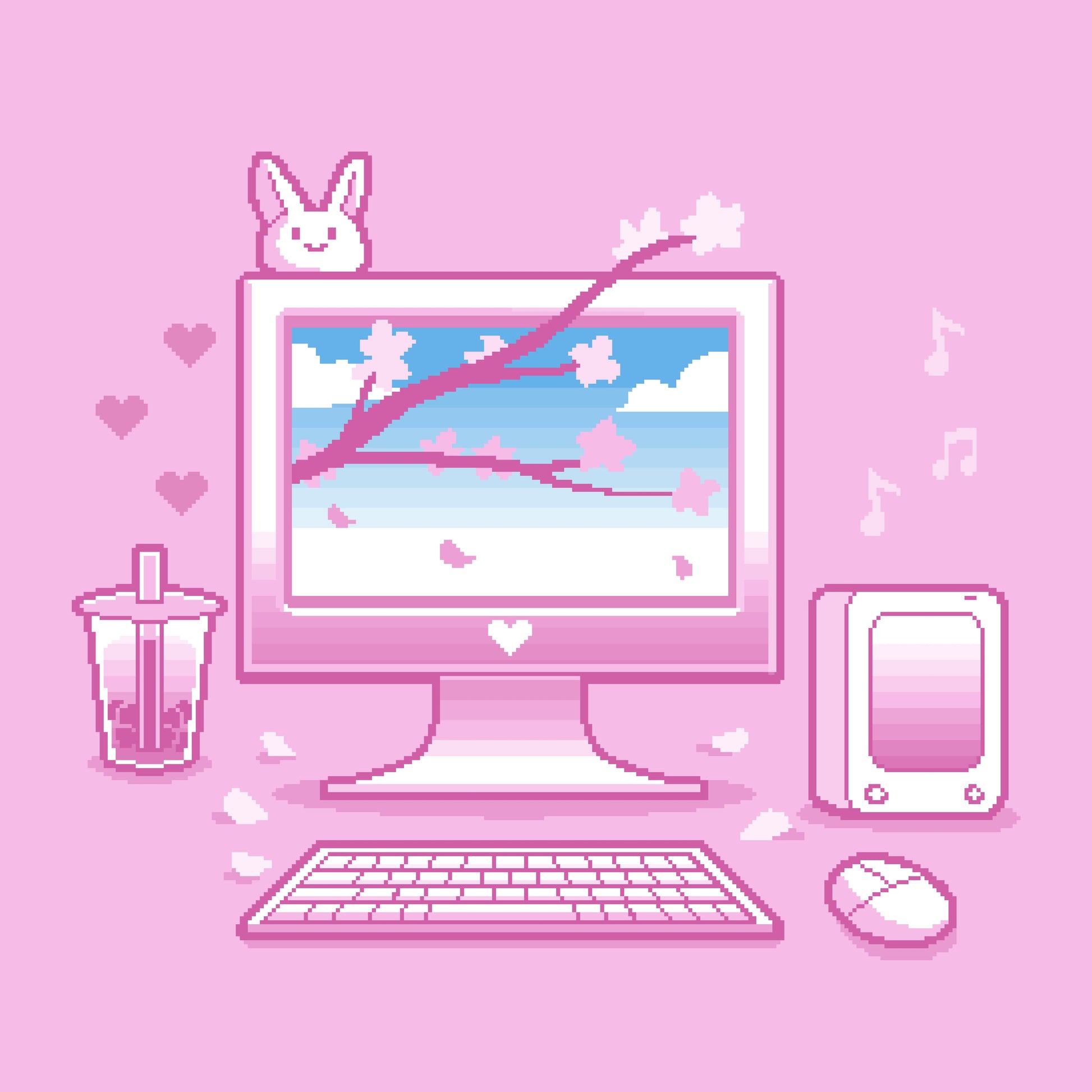 Premium Cotton T-shirt_TeeTurtle Sakura Setup pink t-shirt featuring pixel art of a desktop computer setup in pink hues. The screen displays cherry blossoms and blue sky. A bubble tea, bunny, and musical notes adorn the scene. A keyboard and mouse are positioned below.