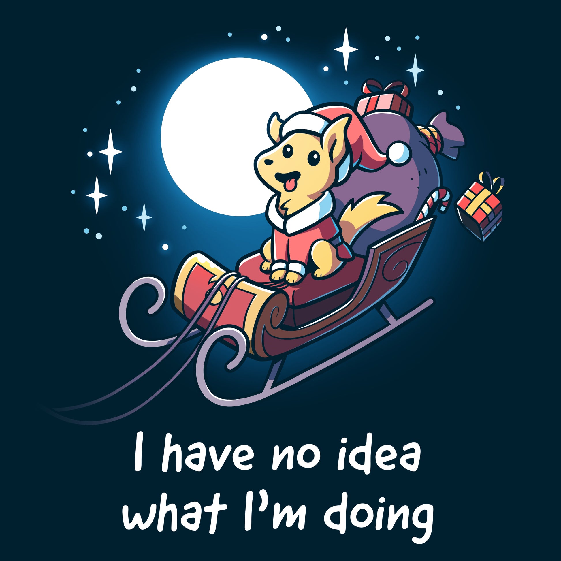 Premium Cotton T-shirt - featuring a golden dog ridding a flying sleigh under a full moon with a big smile on its face as presents fall out of the back