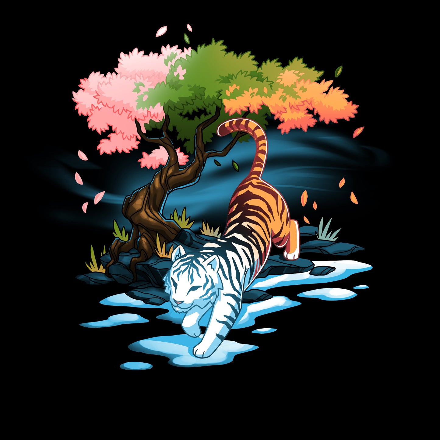 Premium Cotton T-shirt_TeeTurtle Season Keeper black t-shirt featuring a majestic tiger walking below a magical tree that has leaves the color of three seasons.