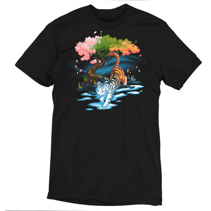 Premium Cotton T-shirt_TeeTurtle Season Keeper black t-shirt featuring a majestic tiger walking below a magical tree that has leaves the color of three seasons.