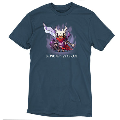 Premium Cotton T-shirt_TeeTurtle Seasoned Veteran denim blue t-shirt featuring a fantasy themed fighter dressed in moderately tattered garments and armor, wearing a skull, and carrying a large sword and shield.