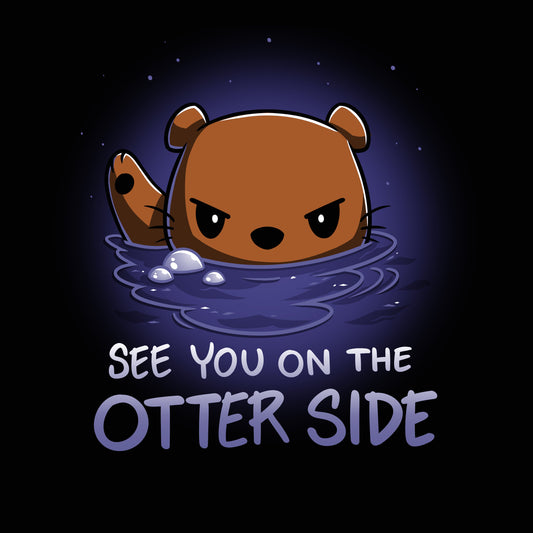 Premium Cotton T-shirt_TeeTurtle See you on the Otter Side black t-shirt featuring sarcastic cartoon otter with a serious expression partially submerged in water with bubbles around.