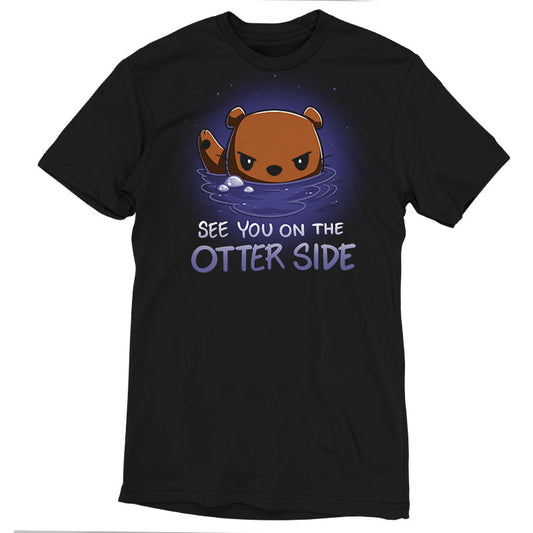 Premium Cotton T-shirt_TeeTurtle See you on the Otter Side black t-shirt featuring sarcastic cartoon otter with a serious expression partially submerged in water with bubbles around.