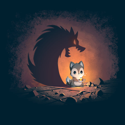 Premium Cotton T-shirt_TeeTurtle navy blue Spooky Shadow apparel featuring a wolf holding a candle with a shadow of a werewolf with its jaws open.