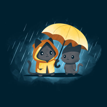 Premium Cotton T-shirt - Two cartoon cats stand in the rain. One cat wears a yellow raincoat and holds a matching umbrella over both of them, creating a cheerful scene despite the weather. Both are printed on the monsterdigital Sharing Kindness unisex apparelmade from 100% super soft ringspun cotton for ultimate comfort.