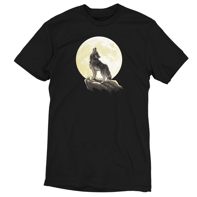 Premium Cotton T-shirt_TeeTurtle Howl at the Moon (Glow) black t-shirt featuring a wolf standing on a ledge howling with a full moon in the background.