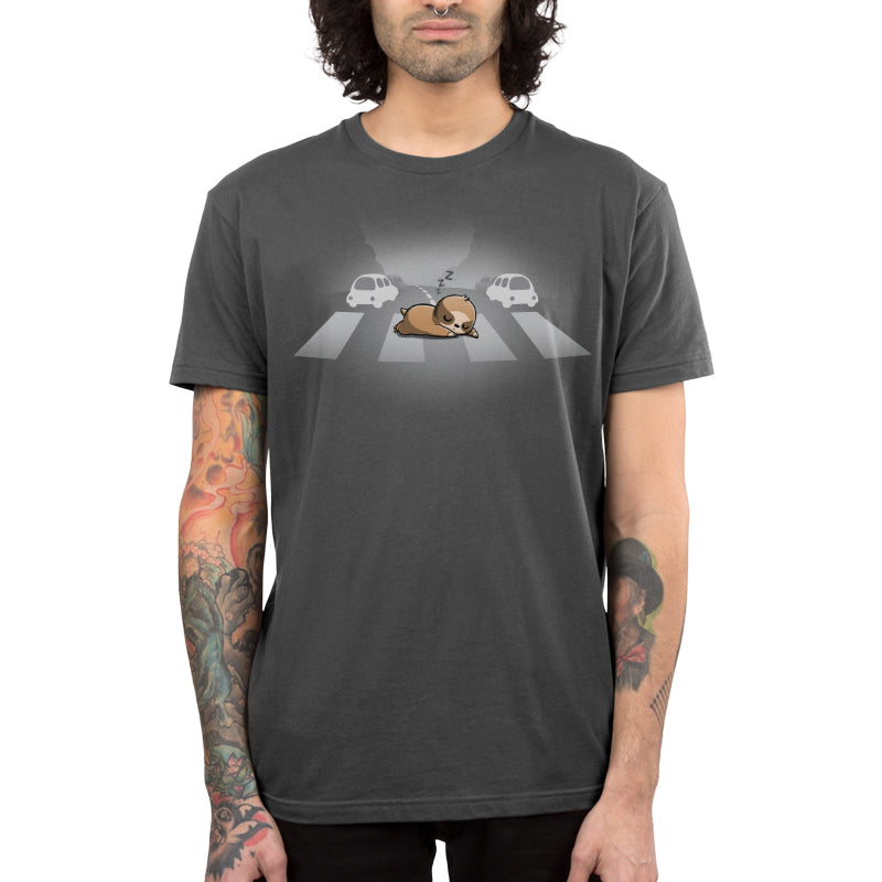 Premium Cotton T-shirt_TeeTurtle charcoal gray Classic Cotton T-shirt featuring a sloth sleeping at a crosswalk in the middle of the road.