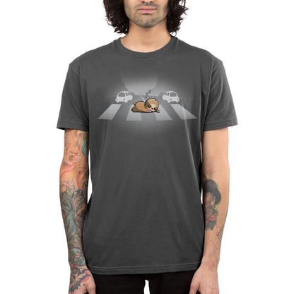 Premium Cotton T-shirt_TeeTurtle charcoal gray Classic Cotton T-shirt featuring a sloth sleeping at a crosswalk in the middle of the road.