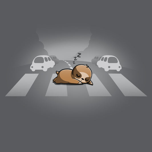 Premium Cotton T-shirt_TeeTurtle charcoal gray Classic Cotton T-shirt featuring a sloth sleeping at a crosswalk in the middle of the road.