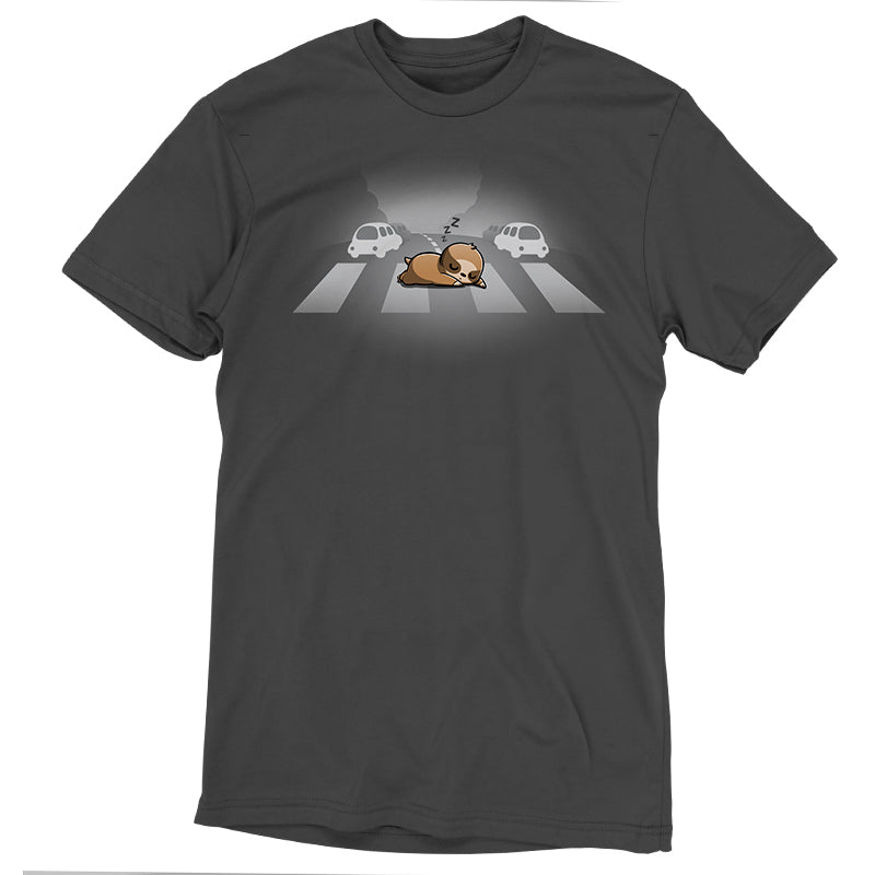 Premium Cotton T-shirt_TeeTurtle charcoal gray Classic Cotton T-shirt featuring a sloth sleeping at a crosswalk in the middle of the road.