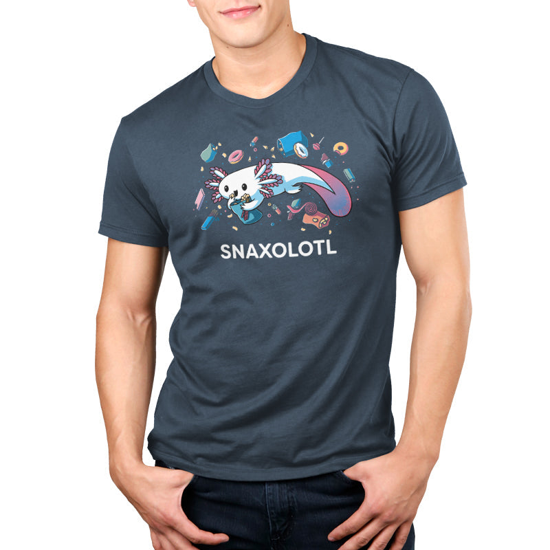 Premium Cotton T-shirt_Teeturtle Snaxolotl denim t-shirt featuring an axolotl surrounded by various floating snacks with the word "SNAXOLOTL" below.