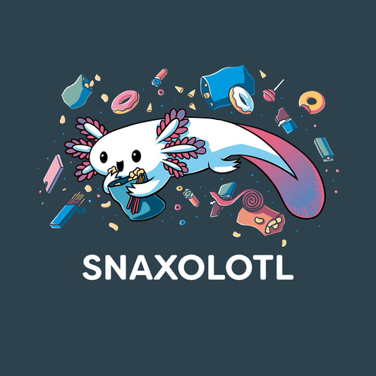 Premium Cotton T-shirt_Teeturtle Snaxolotl denim t-shirt featuring an axolotl surrounded by various floating snacks with the word 