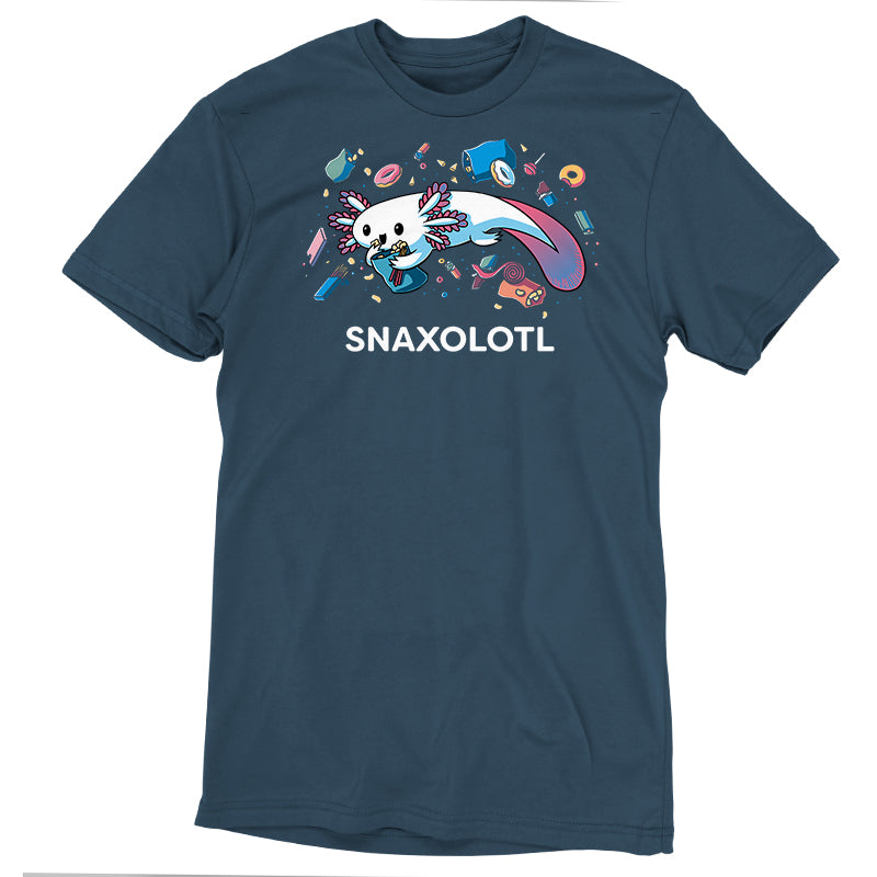 Premium Cotton T-shirt_Teeturtle Snaxolotl denim t-shirt featuring an axolotl surrounded by various floating snacks with the word "SNAXOLOTL" below.