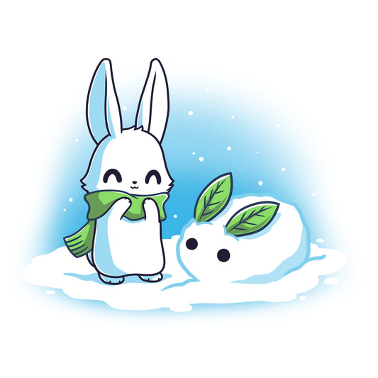 Premium Cotton T-shirt_TeeTurtle Snow Bunnies white t-shirt featuring a smiley white bunny out in the snow wearing a green scarf with a little snowbunny with green leaves as years right next to them