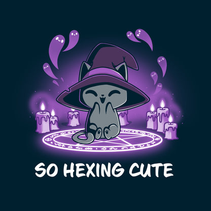 Premium Cotton T-shirt_TeeTurtle navy blue So Hexing Cute. Featuring a cat with a witch hat sitting in the middle of a summoning pentagram.