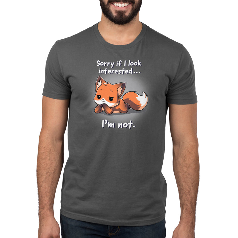 Premium Cotton T-shirt_TeeTurtle Sorry If I Looked Interested... I'm Not charcoal gray t-shirt featuring a fox with a disinterested expression, lying down with front paws crossed.