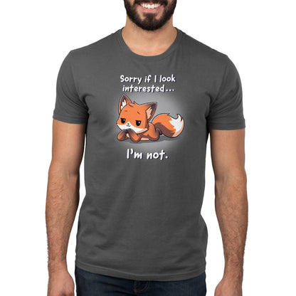 Premium Cotton T-shirt_TeeTurtle Sorry If I Looked Interested... I'm Not charcoal gray t-shirt featuring a fox with a disinterested expression, lying down with front paws crossed.