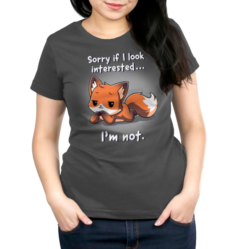 Premium Cotton T-shirt_TeeTurtle Sorry If I Looked Interested... I'm Not charcoal gray t-shirt featuring a fox with a disinterested expression, lying down with front paws crossed.