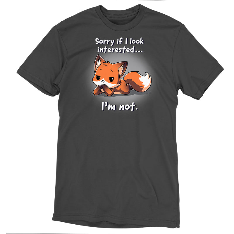 Premium Cotton T-shirt_TeeTurtle Sorry If I Looked Interested... I'm Not charcoal gray t-shirt featuring a fox with a disinterested expression, lying down with front paws crossed.