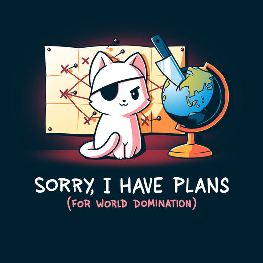 Premium Cotton T-shirt_TeeTurtle Sorry, I Have Plans navy blue t-shirt featuring a cat with an eyepatch, sitting in front of a map and globe with a knife.