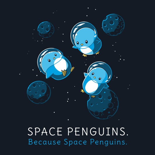 Premium Cotton T-shirt - featuring three cute little blue penguins in space helmets floating in space