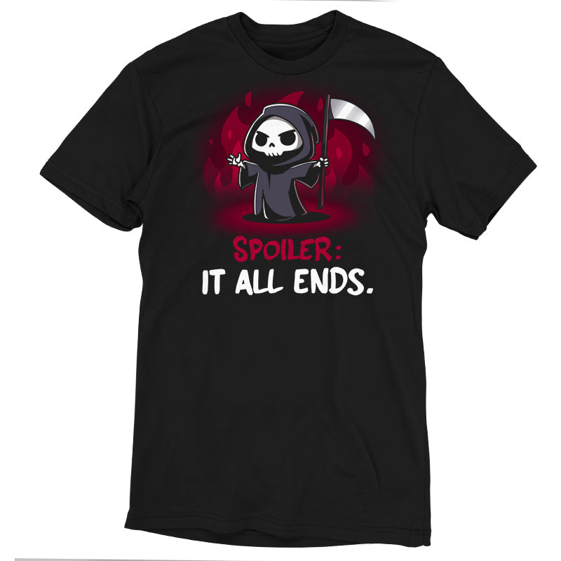 Premium Cotton T-shirt_TeeTurtle Spoiler: It All Ends. black t-shirt featuring a dark and dangerous Grim Reaper in front of red flames.