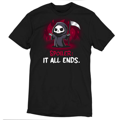 Premium Cotton T-shirt_TeeTurtle Spoiler: It All Ends. black t-shirt featuring a dark and dangerous Grim Reaper in front of red flames.